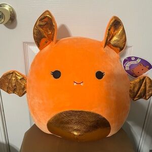 Squishmallows Vibrant Orange Bat with Metallic Gold Wings 12” long 16” wide